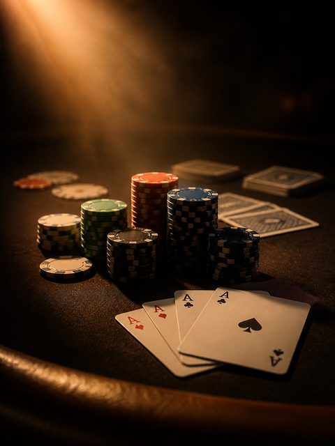 Stacks of casino chips under a spotlight on a dark gaming table.