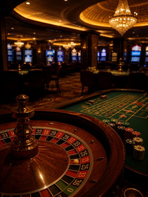 Warm amber lighting over a roulette table on a luxury casino gaming floor.
